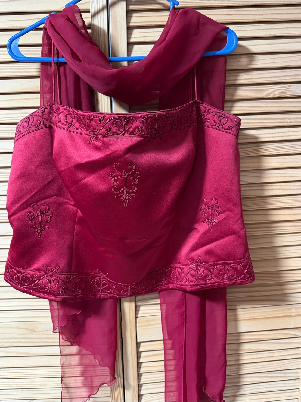 Michelangelo Wine Red Embroidered Bustier Top with Chiffon Scarf and maxi skirt